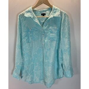 Talbots Shirt‎ Womens L Blue Scroll Design Linen Blouse Beach Coastal Breezy